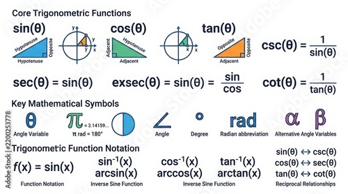 Educational illustration of trigonometry symbols and functions on white background