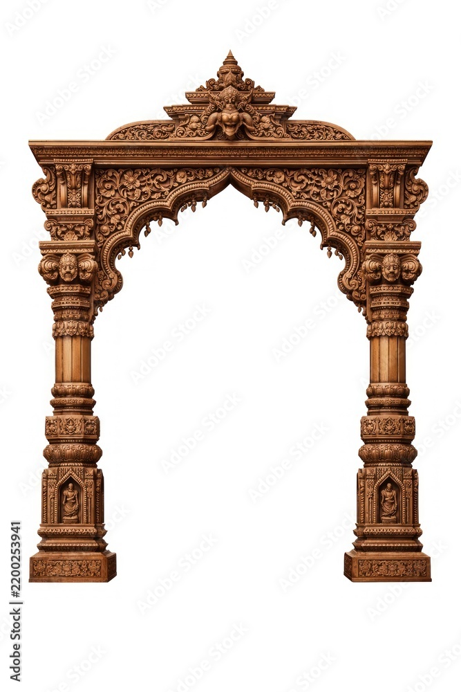Obraz premium Intricately carved wooden arch with ornate traditional designs.