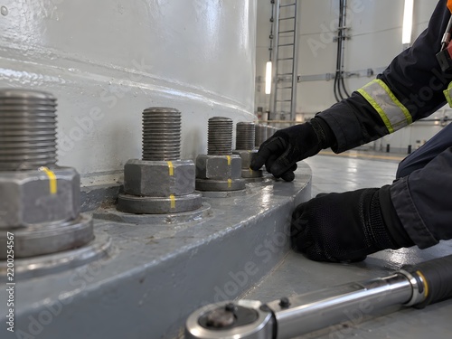 Close-up of gloved hands checking turbine flange bolts and torque marks during preventive maintenance inside a wind tower.