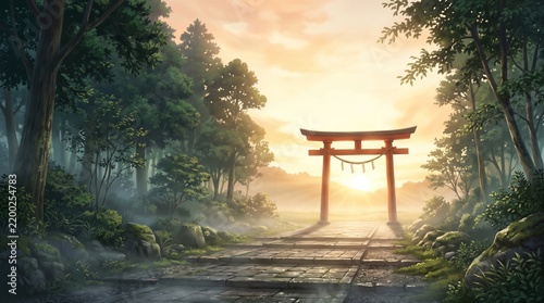 Mysterious Japanese shrine torii gate in a serene forest with morning
