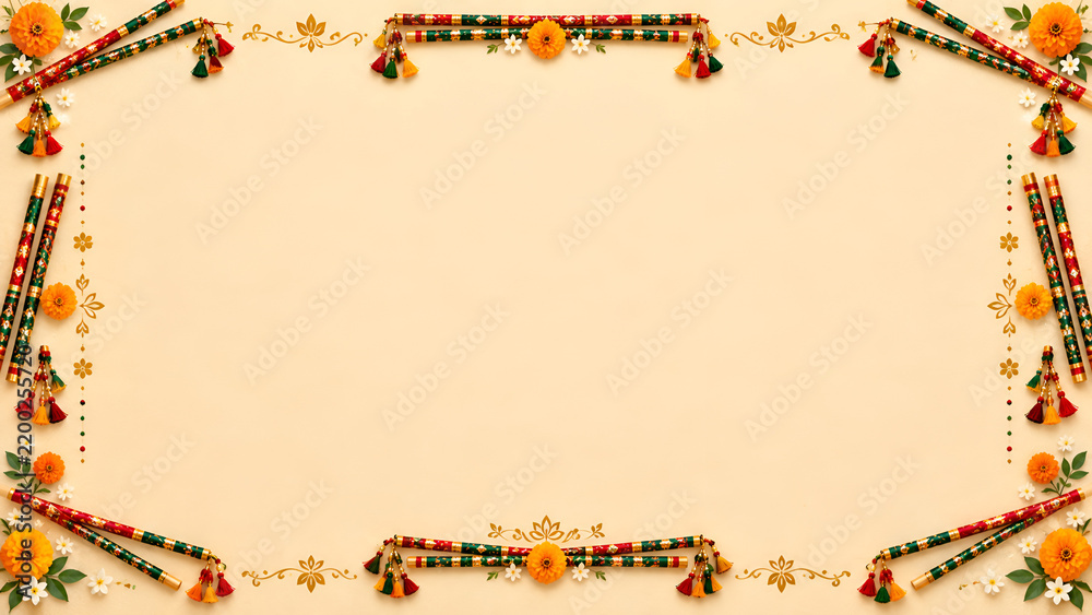 Fototapeta premium Elegant festive border frame with colorful floral decorations and sticks