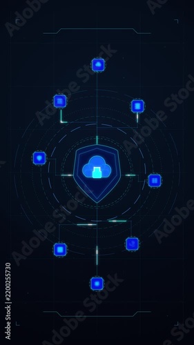 Digital shield protects cloud data, network security, secure data transfer, cybersecurity, information protection, online safety, abstract technology