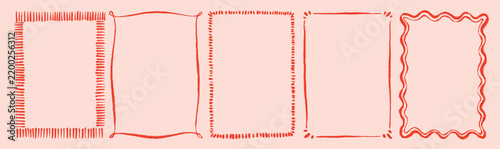 Coquette whimsical pink doodle frames and decorative romantic borders. Vintage cute borders and frames with wavy crayon doodle lines, dashed strokes. Minimalist simple linear clip art.