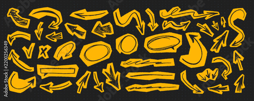 Yellow crayon arrow, underlines, oval and check marks scrapbook cut out elements. Scribble doodle arrow drawing on yellow paper cut clip art collection. Y2k funky scrapbook arrow set for zine design.