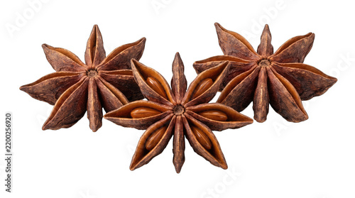 Three dried star anise spice pods arranged together isolated on transparent background