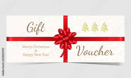 Christmas and New Year gift voucher. Red ribbon with a bow, small fir trees, beige background.
