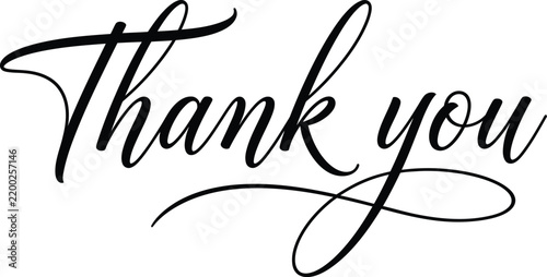 Elegant black cursive calligraphy text that says thank you isolated on a white background