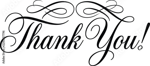 Elegant thank you text with decorative flourish calligraphy isolated on a plain white background