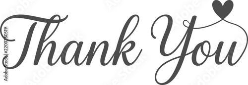 Elegant thank you text calligraphy design with a small heart icon on white background