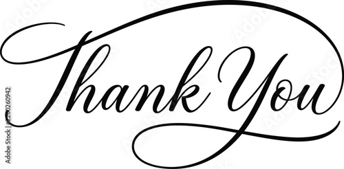 Elegant black calligraphy script of the words thank you on a clean white background