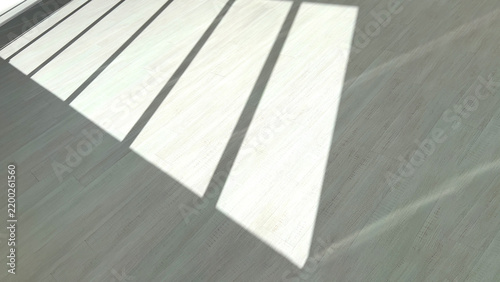 During the day, sunlight enters the room through the windows and falls on the wooden floor, casting shadows from the window frames. It's warm and cozy, the sunlight glimmers and shines with purity.