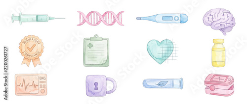 Watercolor medical icons set healthcare digital technology symbols isolated on black background for clinical research, biotechnology, cardiology, genetics, regulatory compliance, and patient care