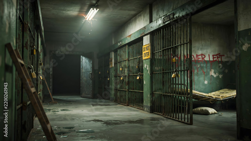 Dimly lit abandoned prison corridor with rusted metal cell bars, a wooden ladder, and a weathered cot inside a dark, gloomy jail block