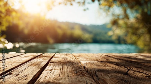 Weathered wooden planks forming a rustic surface overlooking a blurred river with focus view river