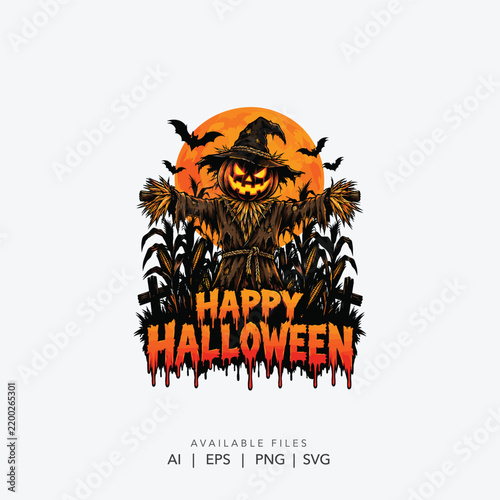 scary happy halloween pumpkin logo, spooky halloween horror typography design, creepy jack o lantern halloween illustration