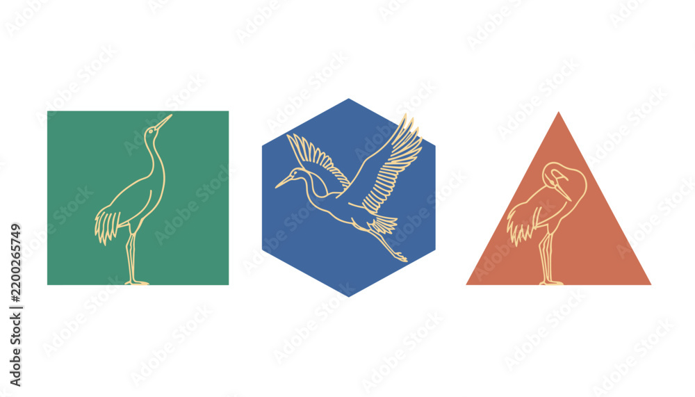 Obraz premium Gold line art of herons in geometric shapes