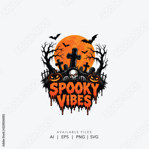 halloween spooky logo with pumpkin and bats, creepy halloween emblem with skulls and haunted forest, vintage spooky halloween typography logo design