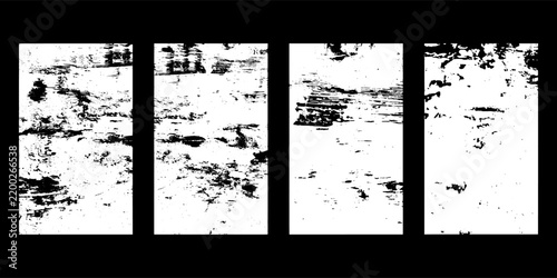 Dark grunge textures with deep black fields, scratched highlights, fragmented marks and distressed print effects