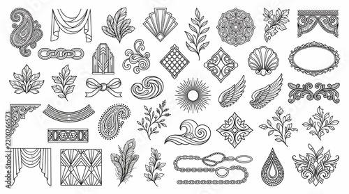 Vintage decorative elements set, black line art ornaments and floral motifs, classic victorian filigree collection for elegant branding and wedding invitations
