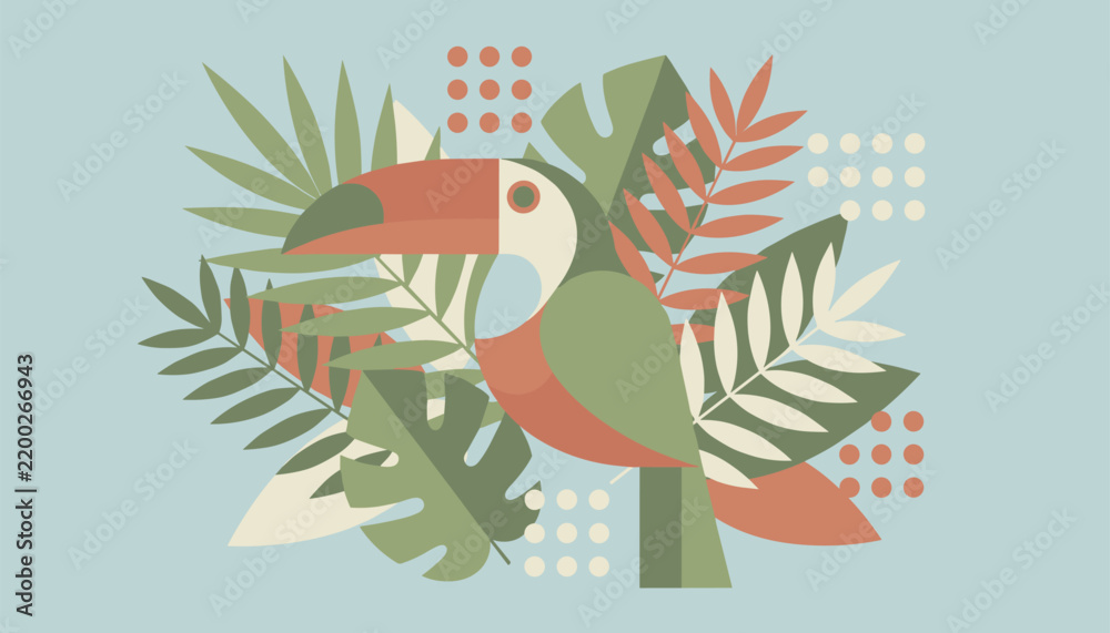 Obraz premium Toucan bird illustration in tropical jungle leaves