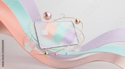 Holographic credit card mockup with floating spheres, futuristic payment card on pastel ribbons, elegant financial technology concept for banking