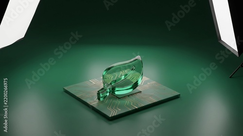 Green glass leaf on microchip circuit board, sustainable technology concept, eco-friendly electronics and green energy innovation in studio lighting