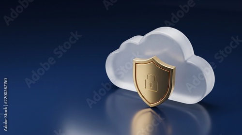 Cloud computing security concept with 3D white cloud and gold shield. Cyber data protection and network safety icon. Secure online storage and privacy.