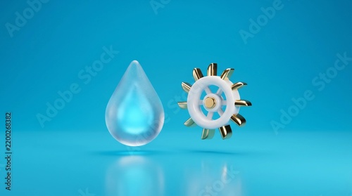 Hydroelectric power concept with water drop and turbine gear, renewable energy icons on blue background, sustainable technology and clean resource