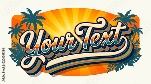 Retro Tropical Summer Badge with Palm Trees and Sunburst Background, Vintage Style Vacation Graphic Template