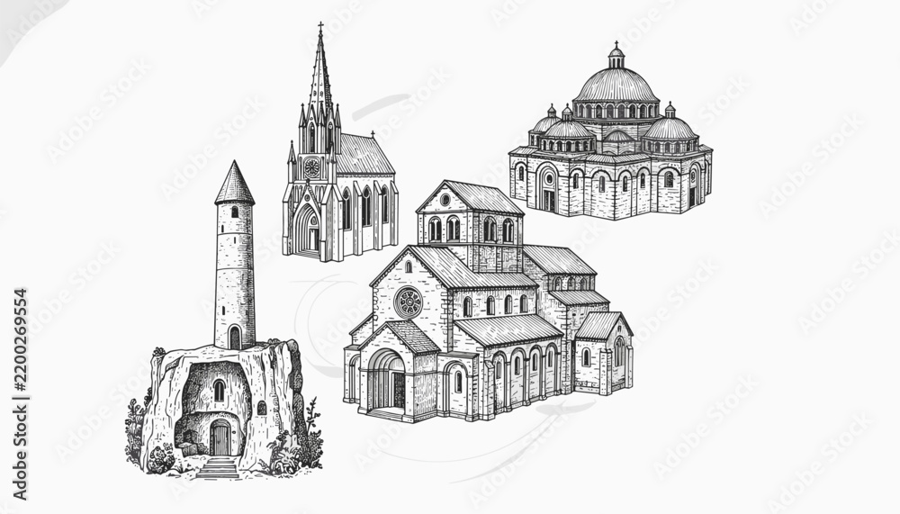 Obraz premium Hand drawn architectural sketches of historic churches and cathedrals
