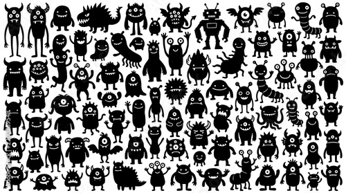 Cute Monster Silhouettes and Funny Creature Doodles Set for Creative Graphic Design
