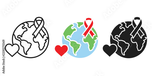 AIDS Awareness Globe Icon Set With Red Ribbon And Heart Symbols, Global HIV Healthcare Support And Solidarity Concept, Black, White And Color Variations