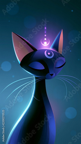 Whimsical cat with closed eyes and a glowing third eye, abstract feline spiritual illustration, with copy space