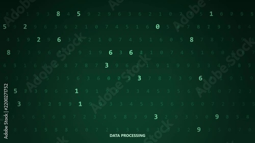 Digital data processing background with green glowing numbers, abstract cyber security information stream, high tech computer code visualization