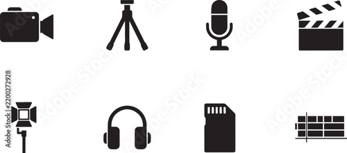 Set of icons representing video recording equipment and multimedia production tools on transparent background