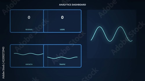 Analytics dashboard interface with digital wave charts, business data visualization for revenue and users, futuristic blue UI screen for growth and traffic monitoring