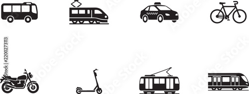 Set of nine different transportation icons featuring bus train taxi bicycle motorcycle scooter tram motorcycle vehicles