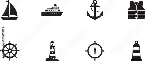 Set of nine nautical and maritime icons featuring sailboat ship cruise anchor life jacket wheel lighthouse compass buoy