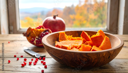 Cozy kitchen still life with pumpkin slices on rustic wooden table for web banner.