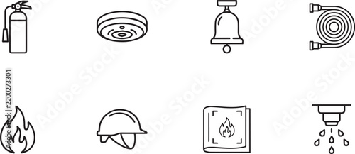 Set of safety and emergency icons featuring fire extinguisher smoke detector alarm hose sprinkler flame helmet warning sign water