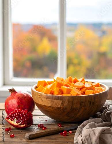 Cozy kitchen still life with pumpkin slices on rustic wooden table for web banner.