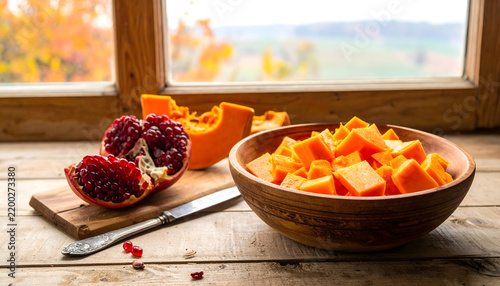 Cozy kitchen still life with pumpkin slices on rustic wooden table for web banner.