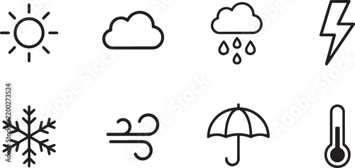 Set of simple weather icons featuring sun cloud rain snow lightning wind and thermometer symbols on transparent background