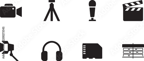 Set of transparent background icons representing video recording and multimedia production equipment and accessories