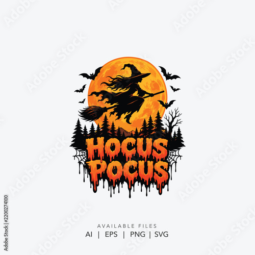 Spooky Halloween Logo with Witch, Bats and Pumpkin, Scary Halloween Logo with Witch and Haunted Forest, Halloween Logo with Witch, Bats and Full Moon