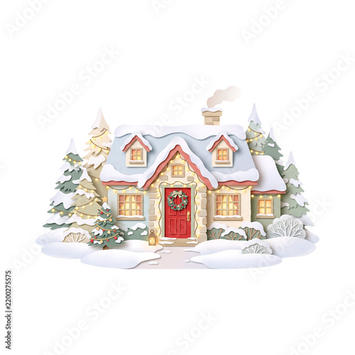 Paper cut craft of a cozy winter cottage covered in snow with glowing string lights, Christmas wreath on the red door, pine trees, and smoke rising isolated on a transparent background.