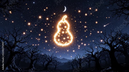 Gourd Shape Constellation Forming in Night Sky With Glowing Stars and Crescent Moon Over Dark Forest