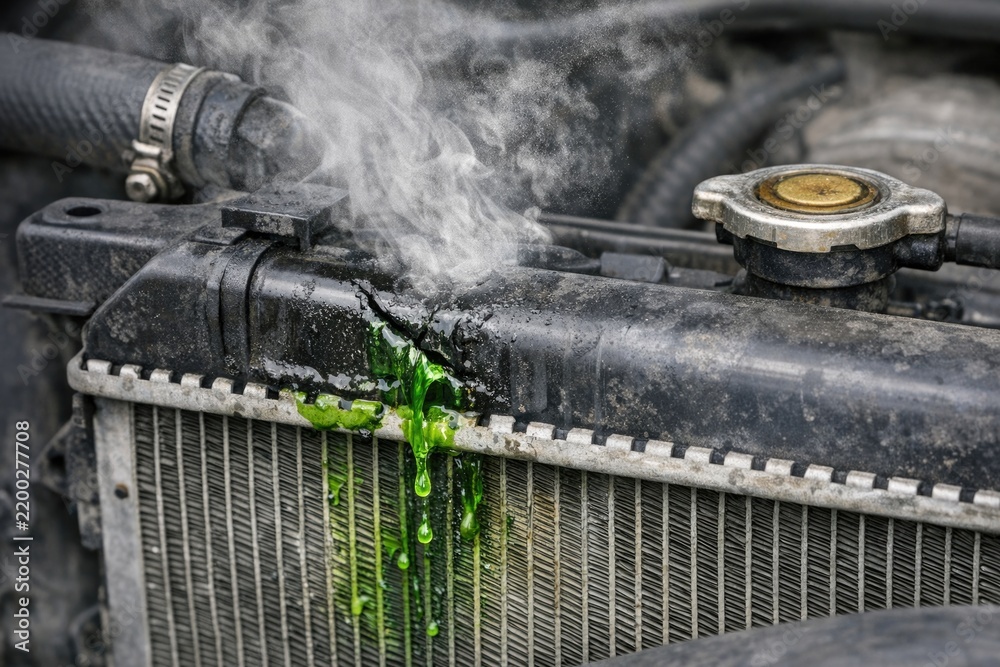 Obraz premium A close-up shot of a radiator with green liquid flowing out, useful for illustrating maintenance or repair scenes
