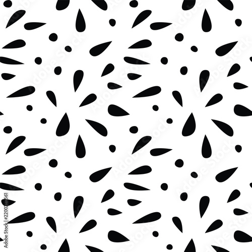 A seamless vector illustration featuring an abstract pattern of black drops and dots scattered on a white background.