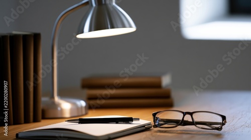 Serene workspace desk scene with lamp glasses and notebook for productivity background and office banner design